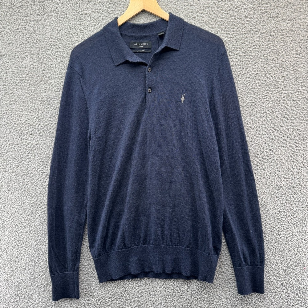 All Saints Mode Polo Mens Large Long Sleeve Blue Merino Wool